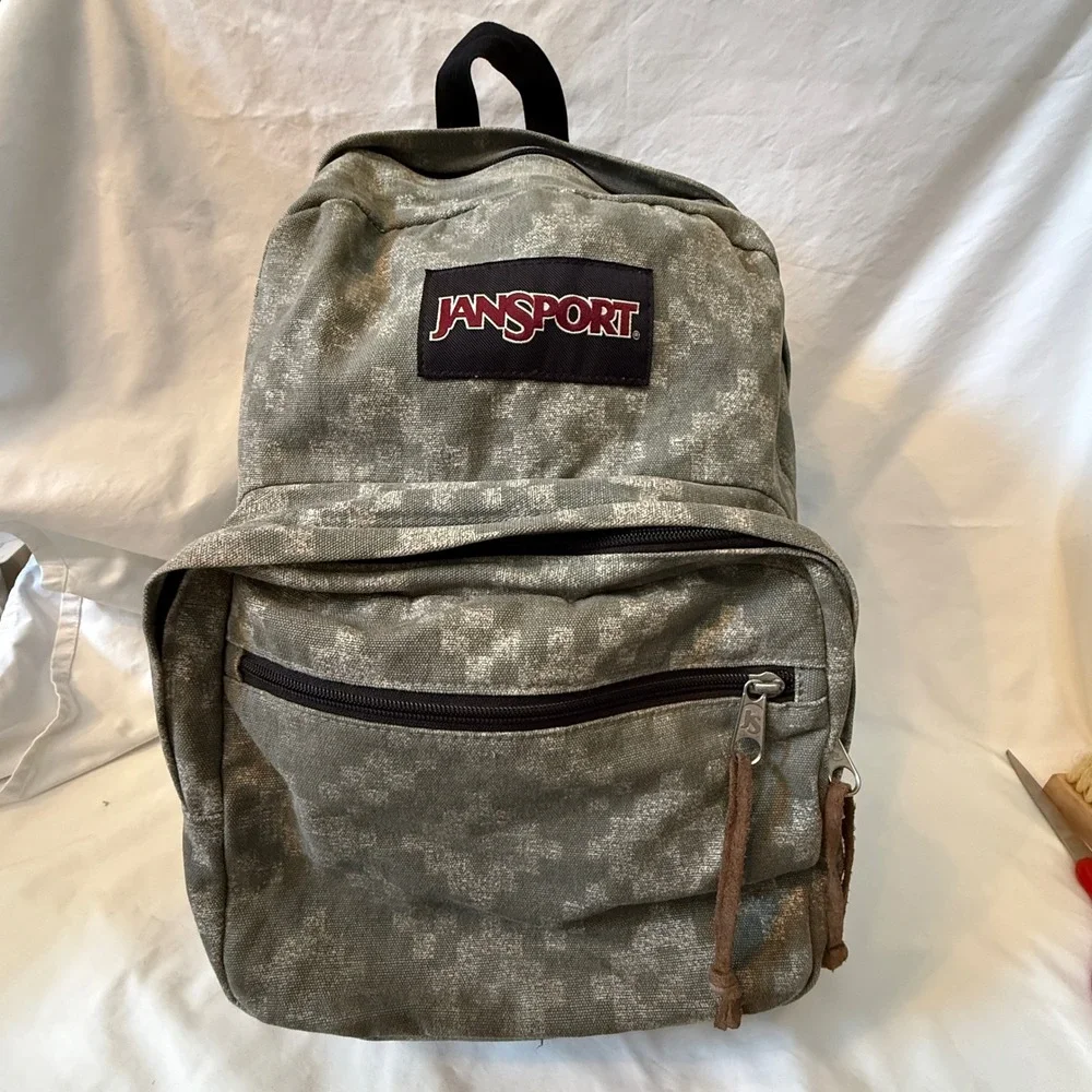 JanSport Right Pack Digital Camo Canvas Suede Bottom Backpack Grey Brown